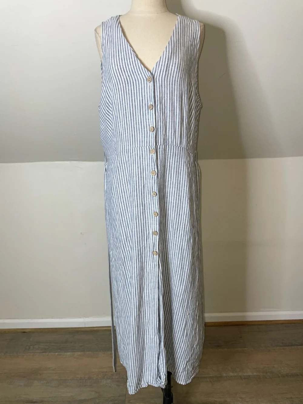 Casa Cabana XL Blue White Striped Shirt Dress Sleeveless Belt Pockets NWOT - Picture 2 of 9